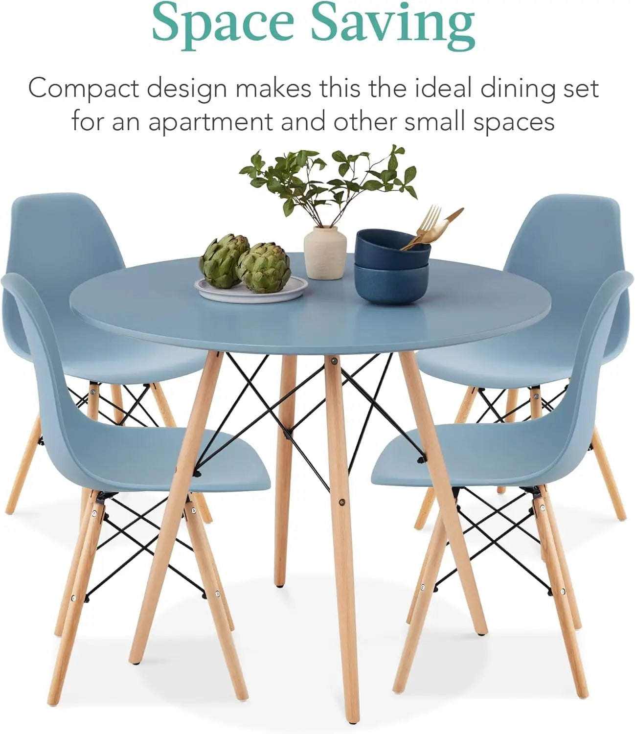 5-Piece Dining Set, Compact Mid-Century Modern Table & Chair Set for Home, Apartment w/ 4 Chairs, Plastic Seats, Wooden Legs