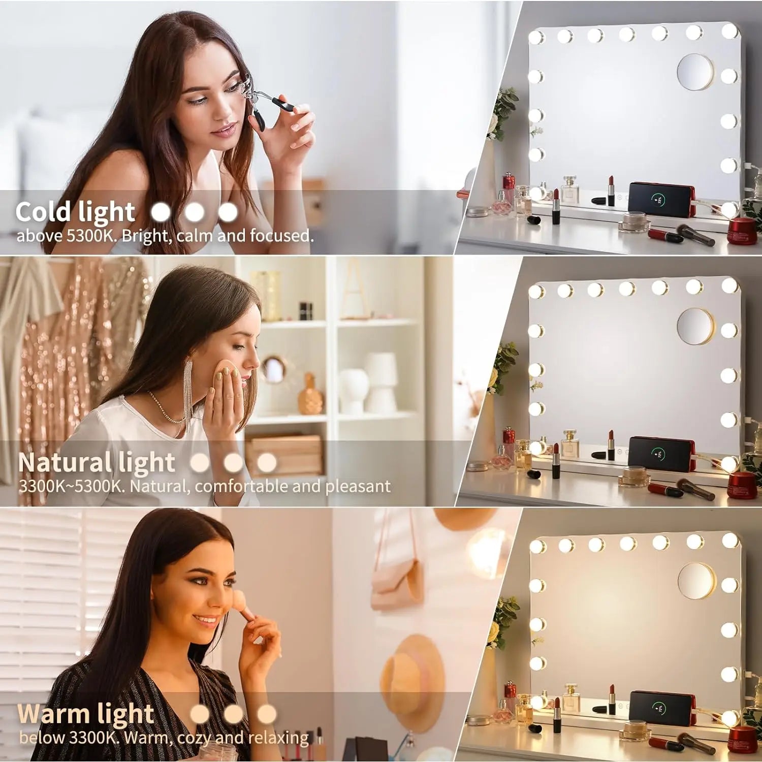 Hollywood Vanity Mirror with Lights Lighted with15 Dimmable LED Bulbs 3 Color Lighting,Adjustable Brightness USB Charging Port