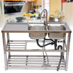 2 Compartment Stainless Steel Commercial Kitchen Sink Restaurant Utility Sink Dish Washing Disinfection Pool with Standing Rack