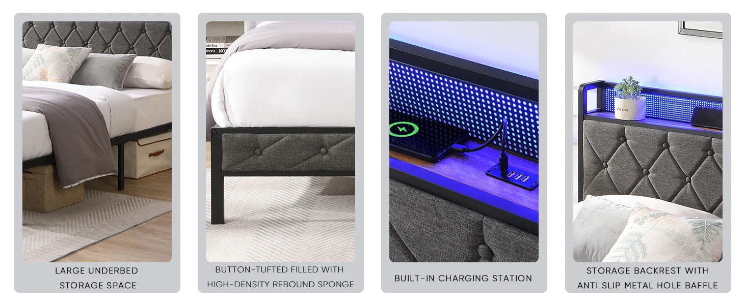 King Bed Frame with Storage Headboard, Charging Station and LED Lights, Upholstered Platform Bed with Metal Slats, Noise Free