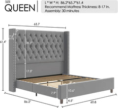 Queen Bed Frame 61.4" Tall Headboard Upholstered Velvet Platform Bed with Handmade Deep Button Tufted/No Box Spring Required