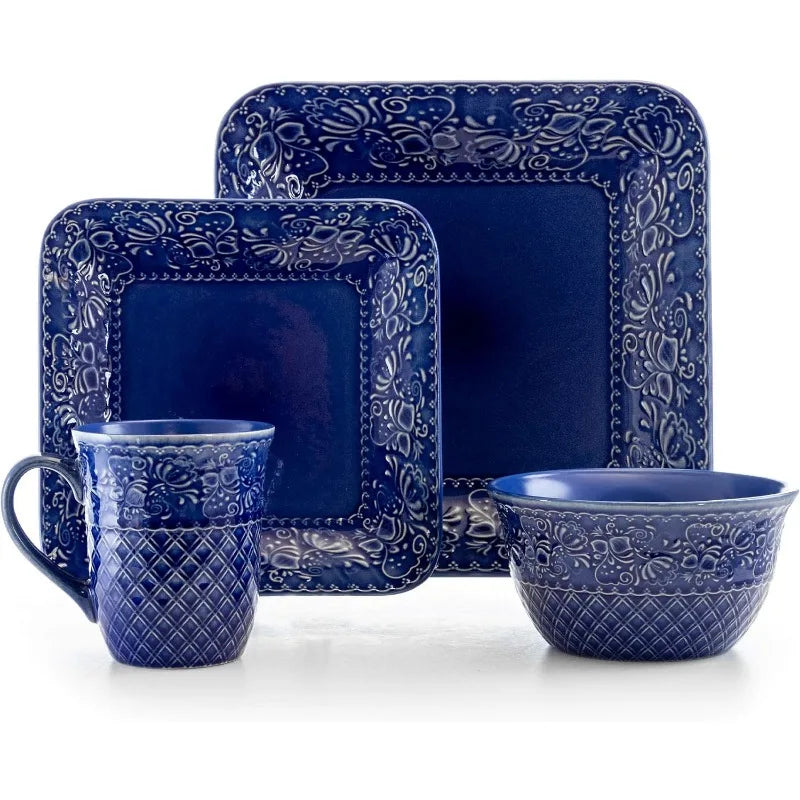 Contemporary Square Embossed Stoneware Dinnerware Dish Set, 16 Piece, Indigo Blue