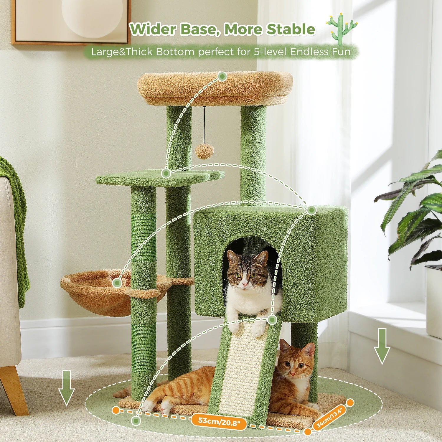 41''&36'' Cactus Cat Tree Tower with Sisal Scratch Posts Cozy Condo for Indoor Cats Multi-Level Climbing Stand with Soft Hammock