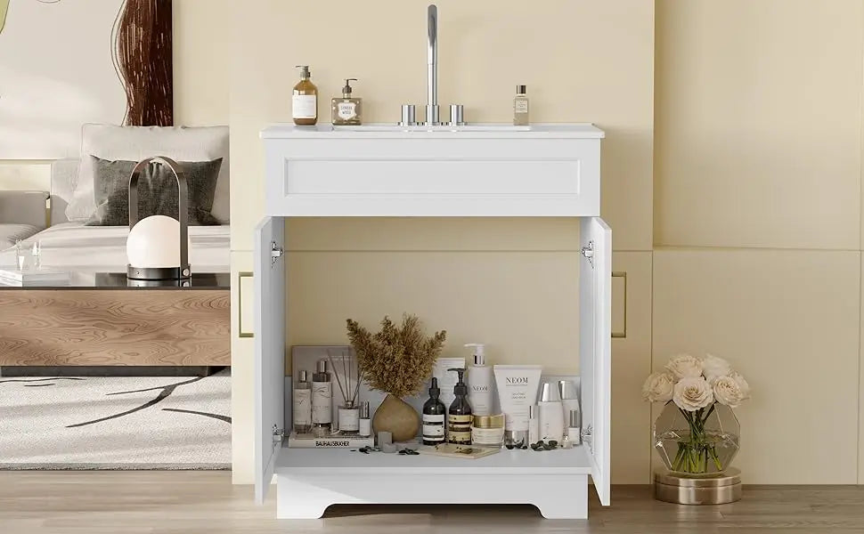 Bathroom Vanity with Ceramic Sink, 30" Freestanding Bathroom Cabinet Vanity with Storage, Quick Assembly Bathroom Vanity