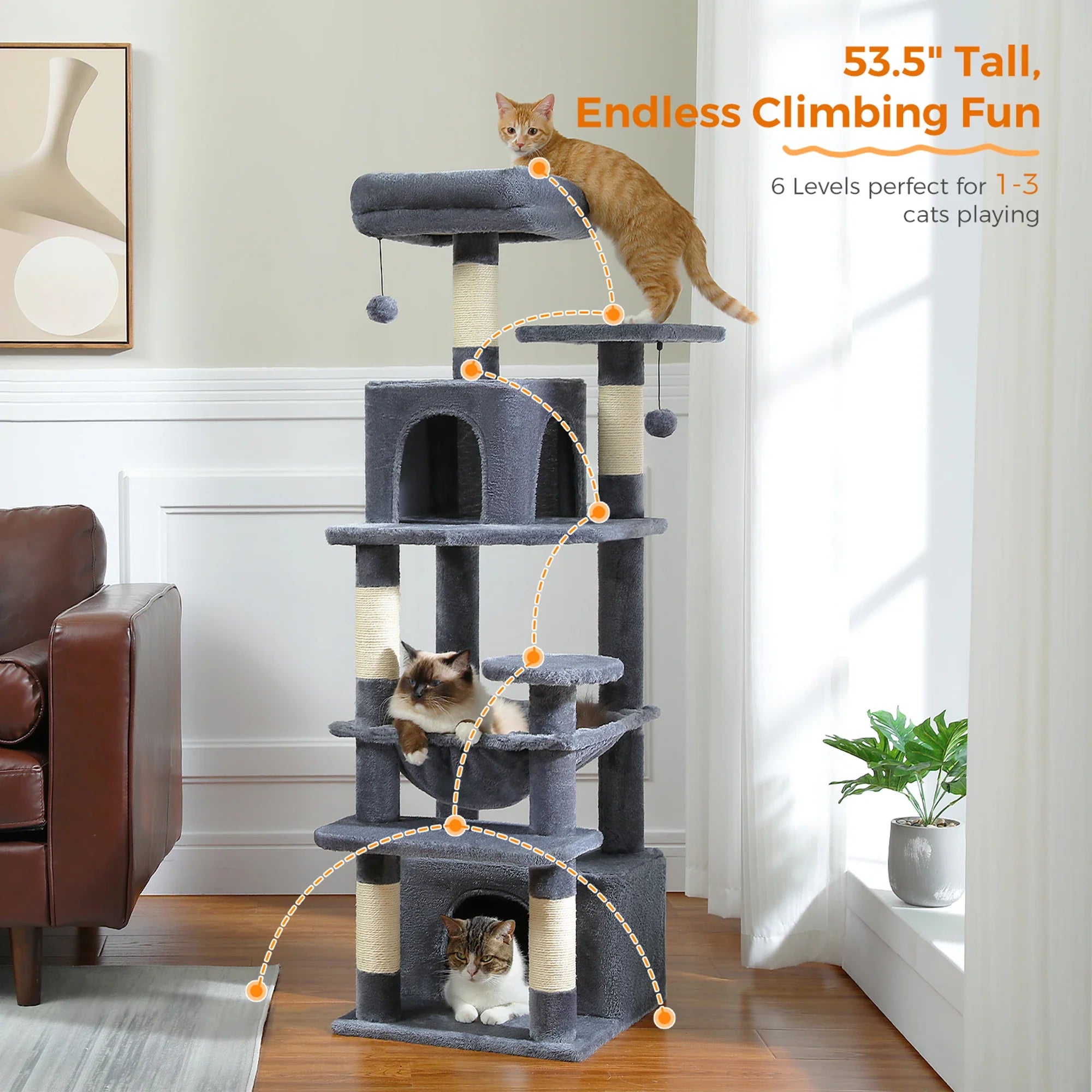 H184CM Large Cat Tower with Sisal Scratching Posts Spacious Condo Perch Stable for Kitten Multi-Level Tower Indoor Cozy Hummocks