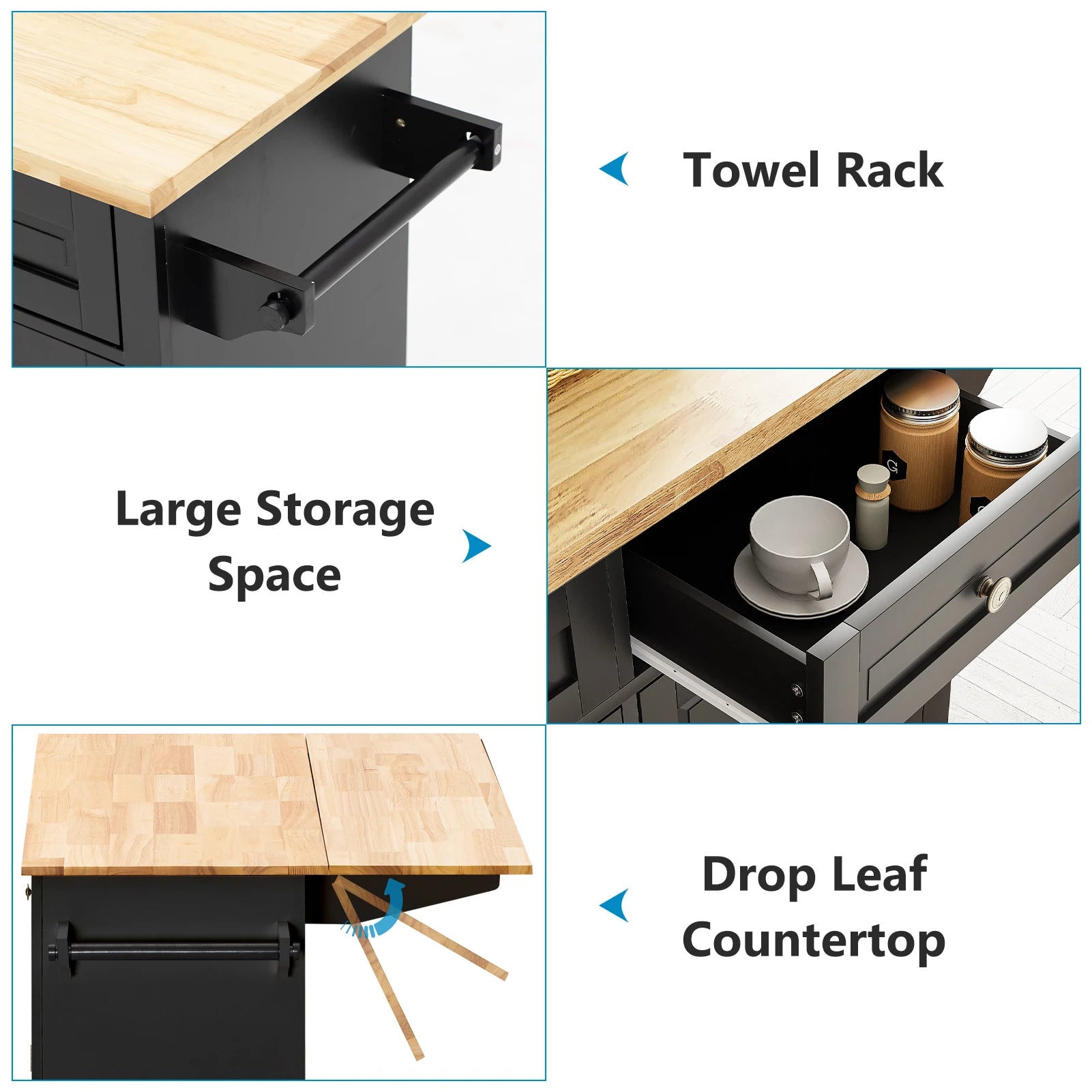 Rolling Kitchen Cart with Drop Leaf,  Mobile Kitchen Island Table on Wheels with Drawer and Storage Cabinet, Rubber Wood Top