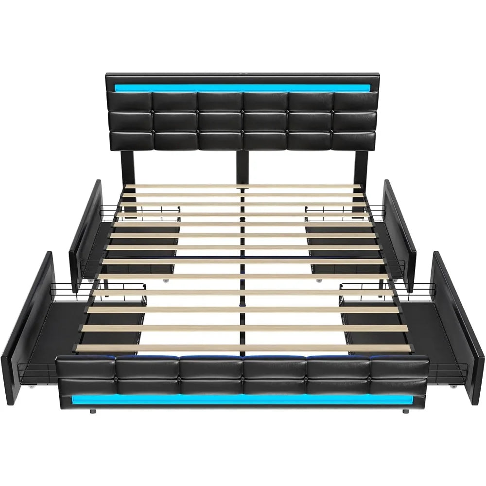 Queen Bed Frame with LED Lights Leather Platform Bed with Storage Drawers and Charging Station,with Adjustable Headboard,Black