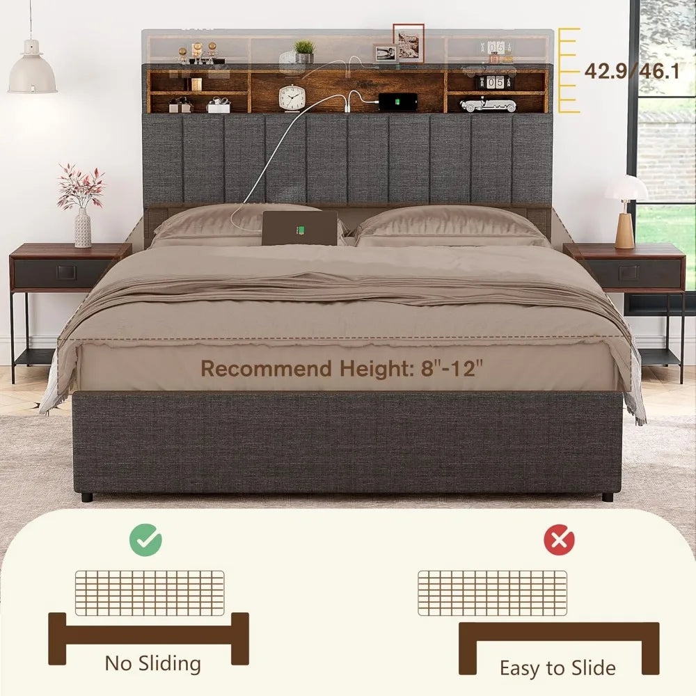 Queen Bed Frame with 4 Storage Drawers, LED Bed Frame with Charging Station and Adjustable Tall Bookcase Headboard