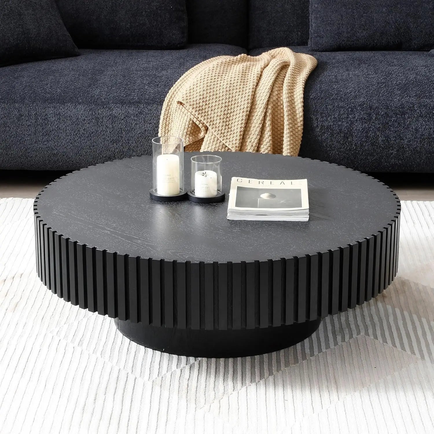 31.49'' Round Coffee Table Wood End Table for Living Room, Modern Contemporary Circle Fluted Drum Side Table, Easy Assembly