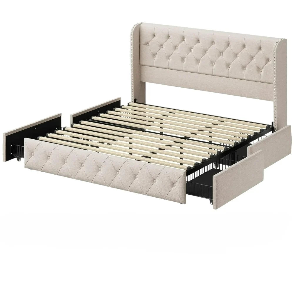 King Size Bed Frame , Upholstered Platform Bed Frame Wingback Beds with Wooden Slats Support, Bed Frame with High Headboard