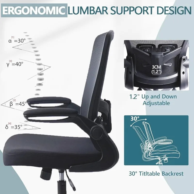 Desk Chairs with Wheels, Ergonomic Mesh Office Chair Adjustable Height and Swivel Lumbar Support  Chair with Flip Up Armrests