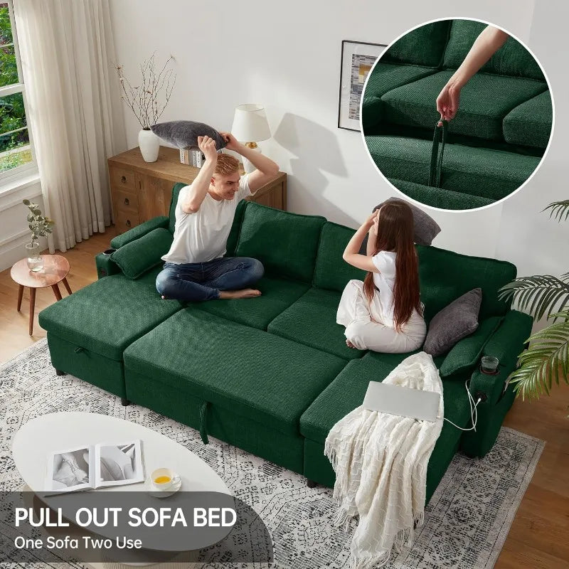 DURASPACE Sofa Bed Pull Out Couch Sleeper with Storage Chaise, with USB Charging Ports, Cup Holder