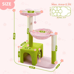 Flower Cat Tree with Large Metal Frame Hammock Cute Cat Tower with Sisal Scratching Posts for Small Indoor Cats with Pink Perch