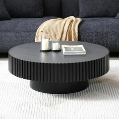 31.49'' Round Coffee Table Wood End Table for Living Room, Modern Contemporary Circle Fluted Drum Side Table, Easy Assembly