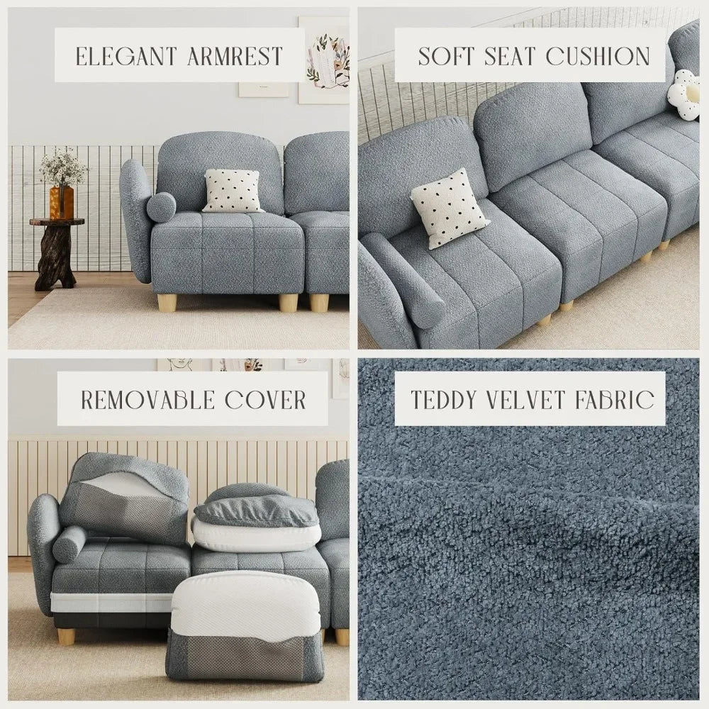 Sectional Sofa, Convertible U Shaped Sectional Sofa for Living Room 6 Seater Couch in Cozy Removable Covered Teddy Velvet Couch