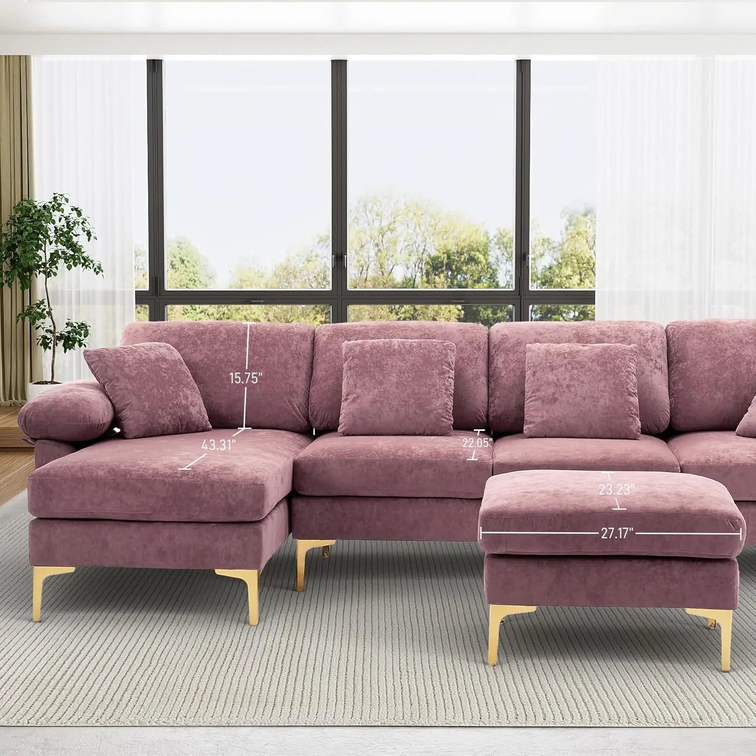 U-Shaped Sectional Sofa Couch, 4 Seat Sofa Set for Living Room, Convertible L-Shaped Velvet Couch Set with Chaise Lounge