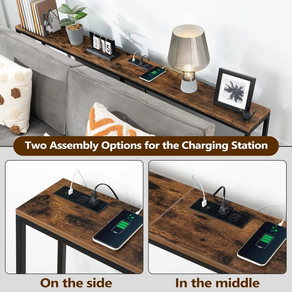 Console Table with Power Outlet, 70.9" Narrow Sofa Table, Industrial Entryway Table with USB Ports, Behind Couch Table