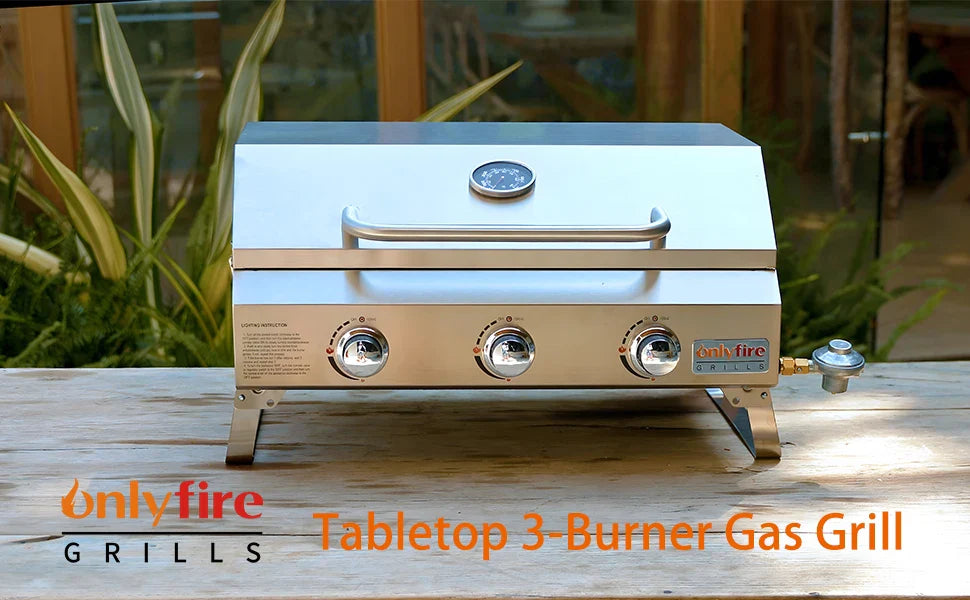 Onlyfire Tabletop Gas Grill 3 Burners, 24" Stainless Steel Portable Propane Grill with Foldable Legs 2024 HOT