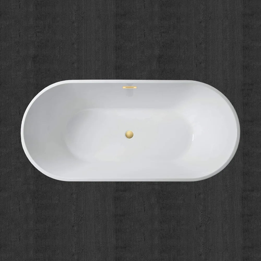 Acrylic Freestanding Bathtub Contemporary Soaking White Tub with Brushed Gold Overflow and Drain Easy to clean bathtub