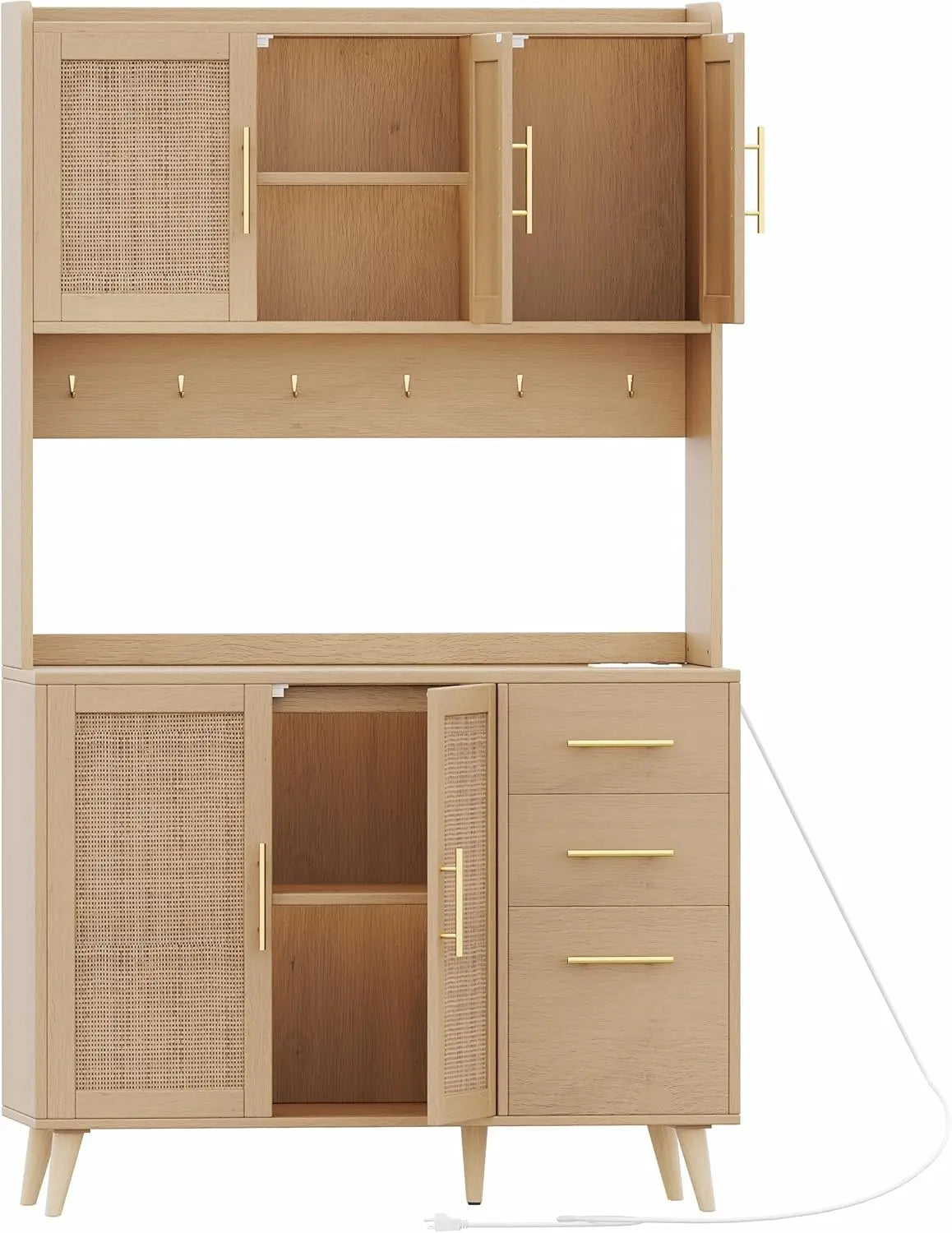 70.9" Kitchen Pantry Cabinet with Microwave Shelf,Rattan Kitchen Hutch Cabinet with Charging Station,Tall Floor Cupboard Cabinet