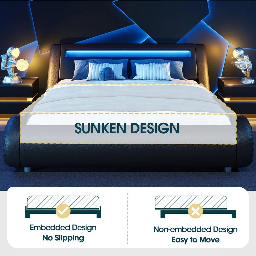 Modern Queen Bed Frame with RGBW LED Lights Headboard, Low Profile Upholstered Platform Sleigh Design, Strong Wood Slats Support