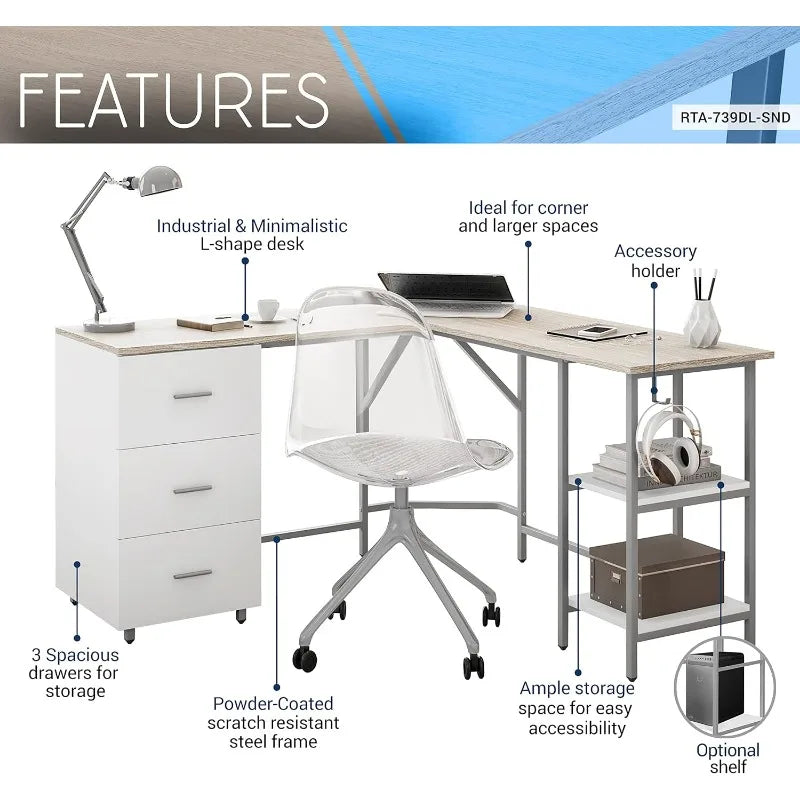 L Shaped Desk - Two-Toned Computer Desk with Drawers & Storage Shelves - Simple Modern Furniture & Home Office Space Corner Tabl