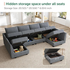 Couch, U-Shaped Modular Sectional Sofa, Sectional Couch with Storage Seats U Shape Sofa-2, Bluish Grey Sofa