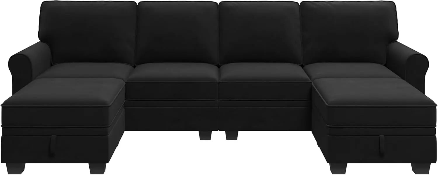 Sectional Sofa with Storage Seat Velvet U Shaped Sectional Couch with Reversible Chaise Convertible Couches Living Room,Black