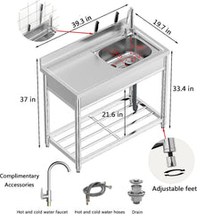 Free Standing Stainless-Steel Single Bowl Commercial Restaurant Kitchen Sink Set w/Faucet & Drainboard, Prep & Utility Washing
