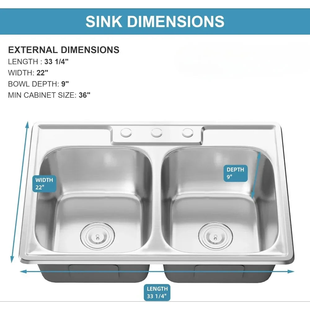 33 Inch Double Bowl Drop in 50/50 Kitchen Sink Top Mounted 18 Gauge 304 Stainless Steel Sink with Strainer,33" X 22" X 9"