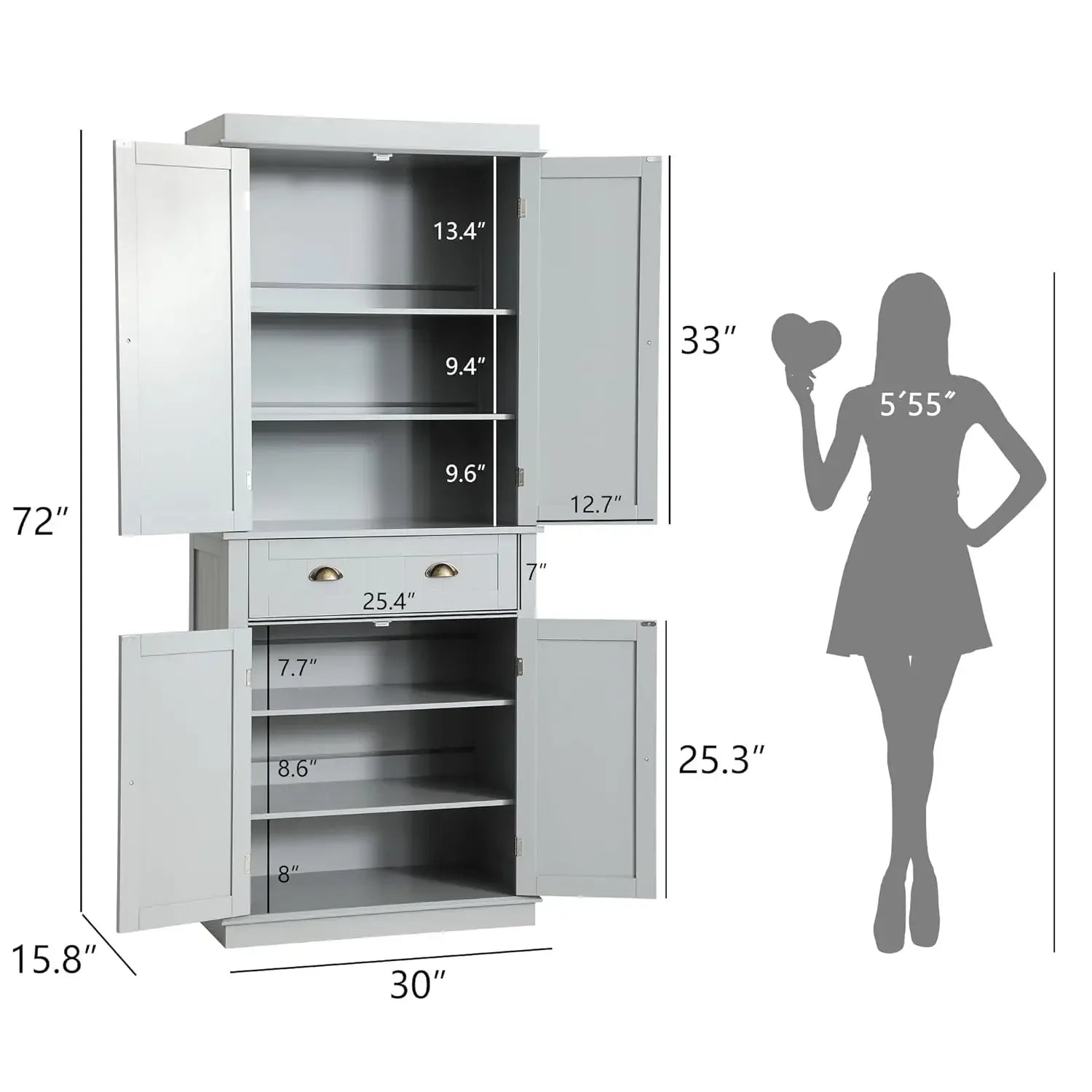 72" Kitchen Pantry Storage Cabinet, Freestanding Cupboard with 2 Cabinets, Drawer and Adjustable Shelves, Tall Storage Cabinet