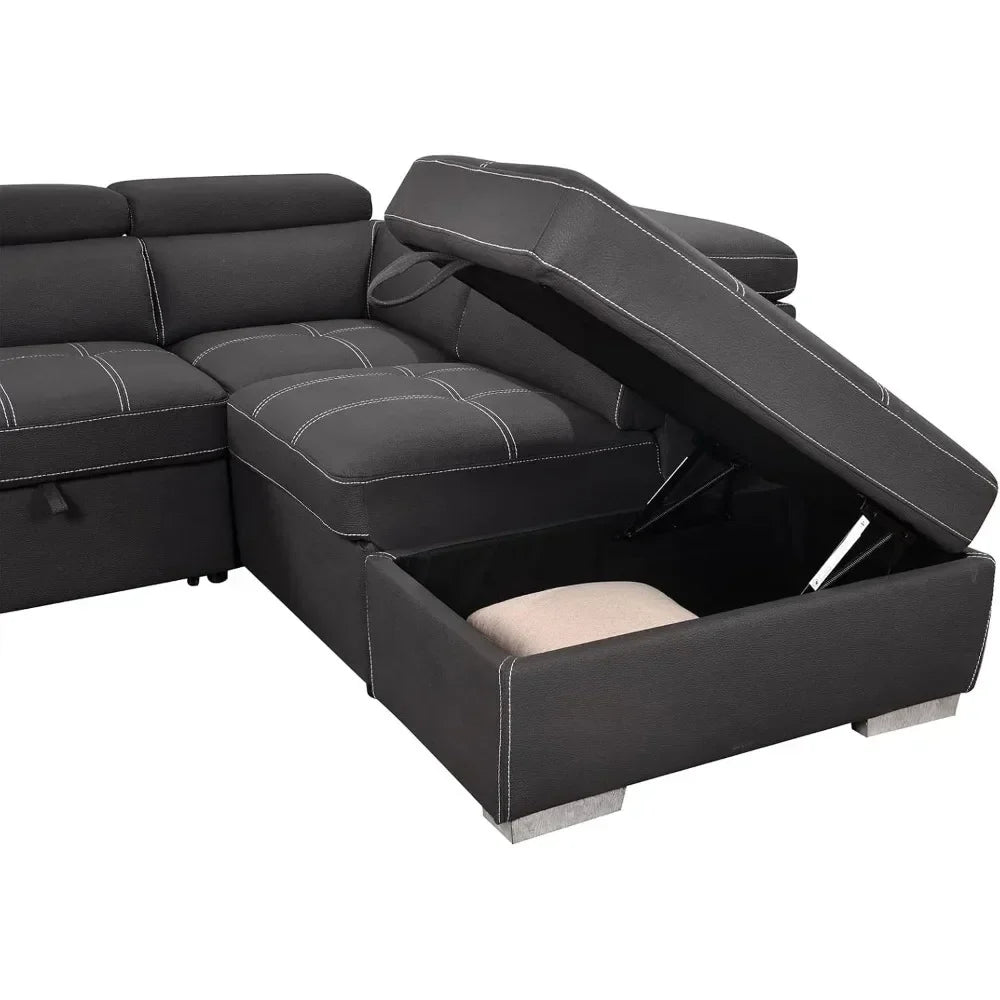 Microfiber Sectional Sleeper Sofa with Pull-Out Bed Chaise & Storage 5 Seater L-Shaped Couch with Adjustable Headrest and Stools