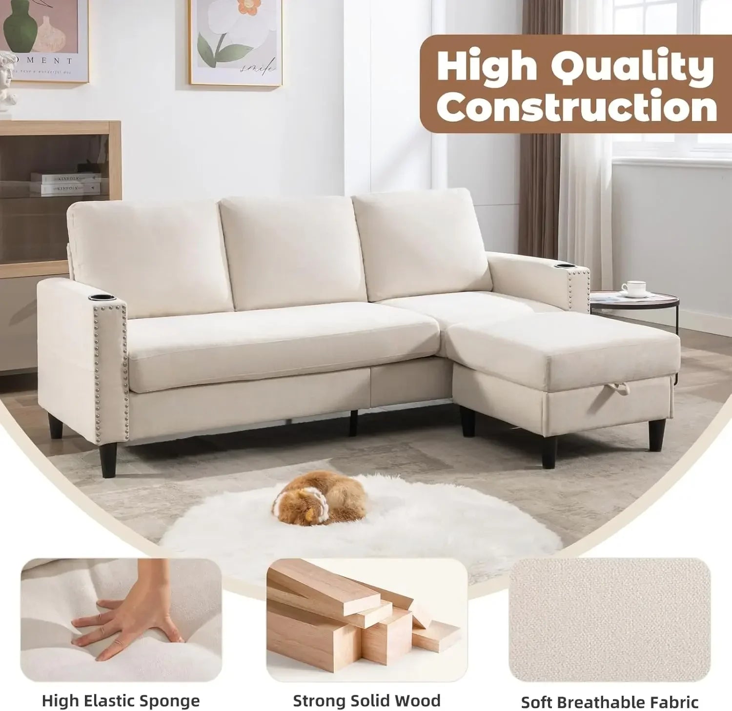 Convertible Sectional Couches for Living Room, L-Shaped Couch 3 Seats Sofas with Storage Chaise & 2 Cup Holders