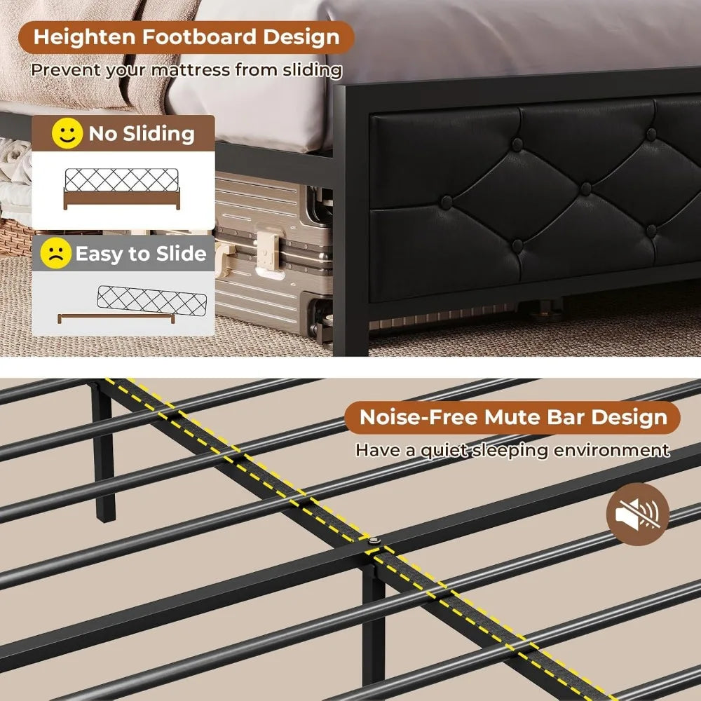 Bed Frame with Bookcase Storage Headboard and Charging Station,Metal Led Platform Bed,LED Lights,No Box Spring Needed,Bed Frames