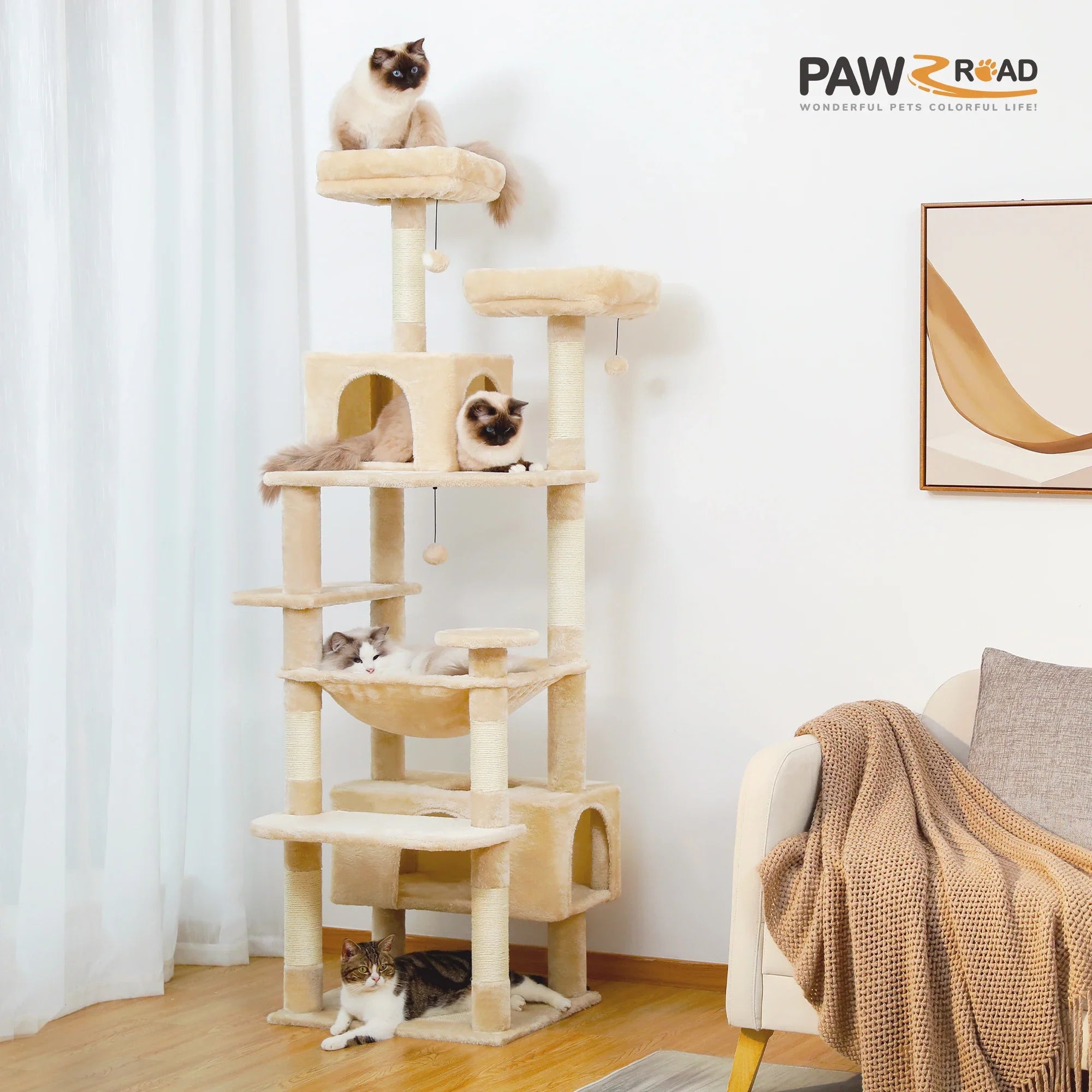 184cm Large Cat Tree and Tower for Indoor Cats With Sisal-Covered Scratching Posts Spacious Hammock Padded Perches and Condos