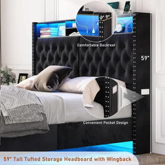 King Bed Frame with 60" Tall Storage Headboard & LED Lights，Charging Station and Pockets, Velvet Bed Frame，Floating Bed Frame