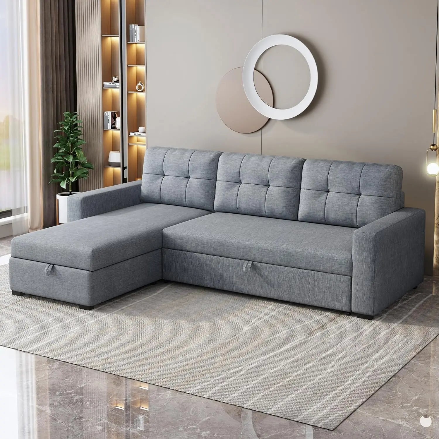 81.5"" L-Shape Pull Out Couch With Reversible Storage Chaise,Sleeper Sectional Sofa With Pullout Bed And 3 Removable Back