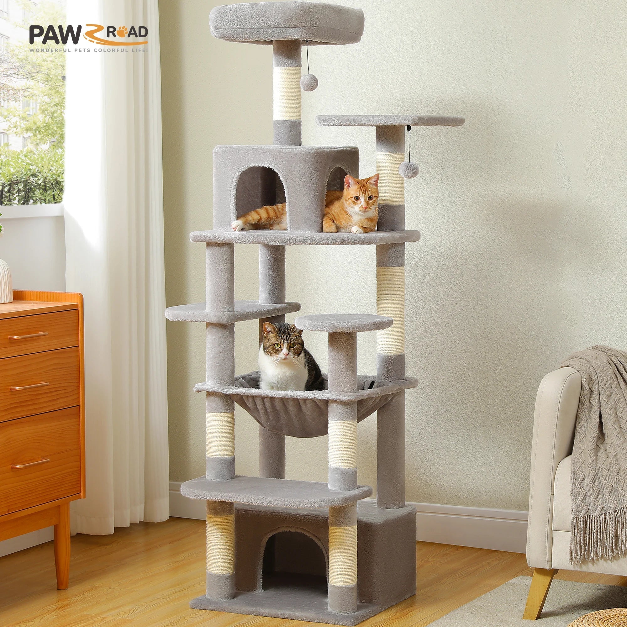 H184CM Large Cat Tower with Sisal Scratching Posts Spacious Condo Perch Stable for Kitten Multi-Level Tower Indoor Cozy Hummocks