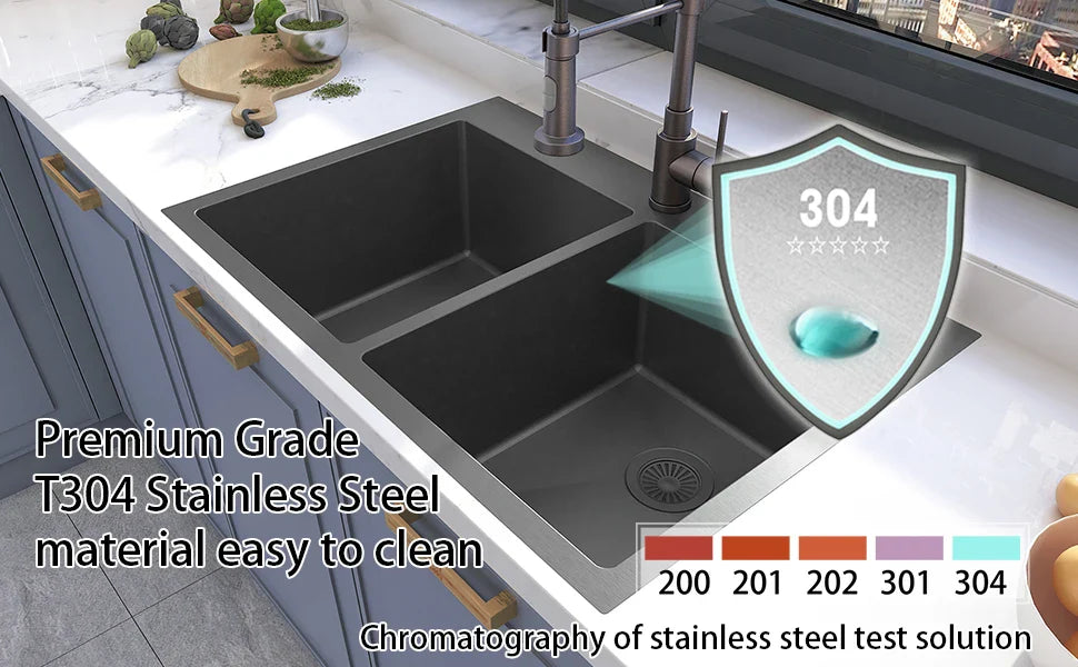 Drop in Double Bowl 304 Stainless Steel Kitchen Sink (33” x 22” x 9”(Black Sink Only))