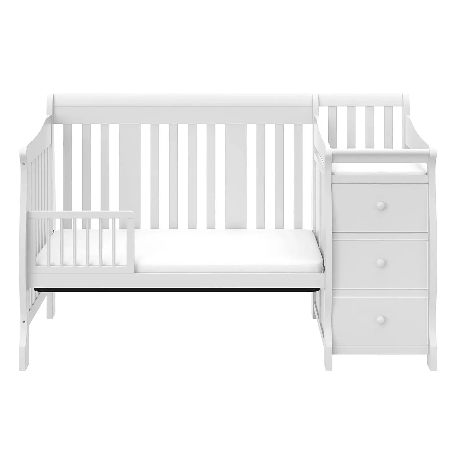 Storkcraft Portofino 5-in-1 Convertible Crib and Changer (White) – Changing-Table Combo with Drawer, Converts to Toddler Bed,