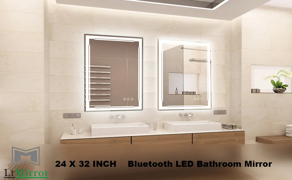 24x32 Lighted Bathroom Mirror with Bluetooth Speaker - Smart LED Makeup Wall Mounted Mirrors - 3 Lights Setting Anti-Fog