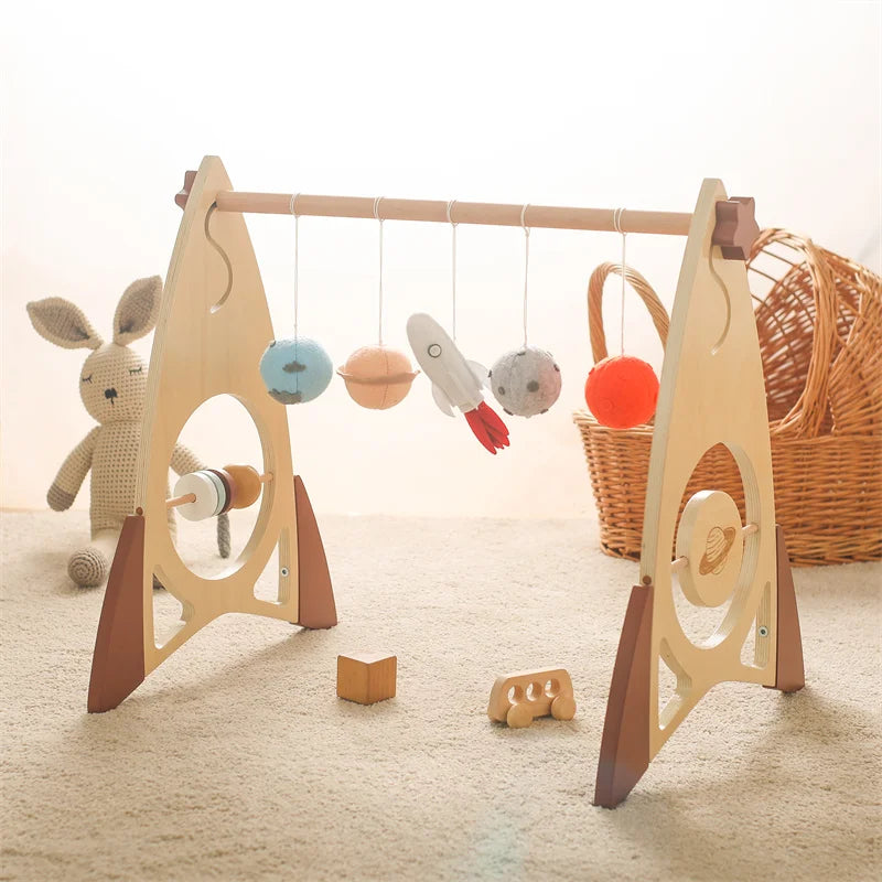 Baby Wooden Gym Frame Rocket Model Newborn Play Gym Activity Celestial Hanging Pendant Rattle For Baby Education Montessori Toys