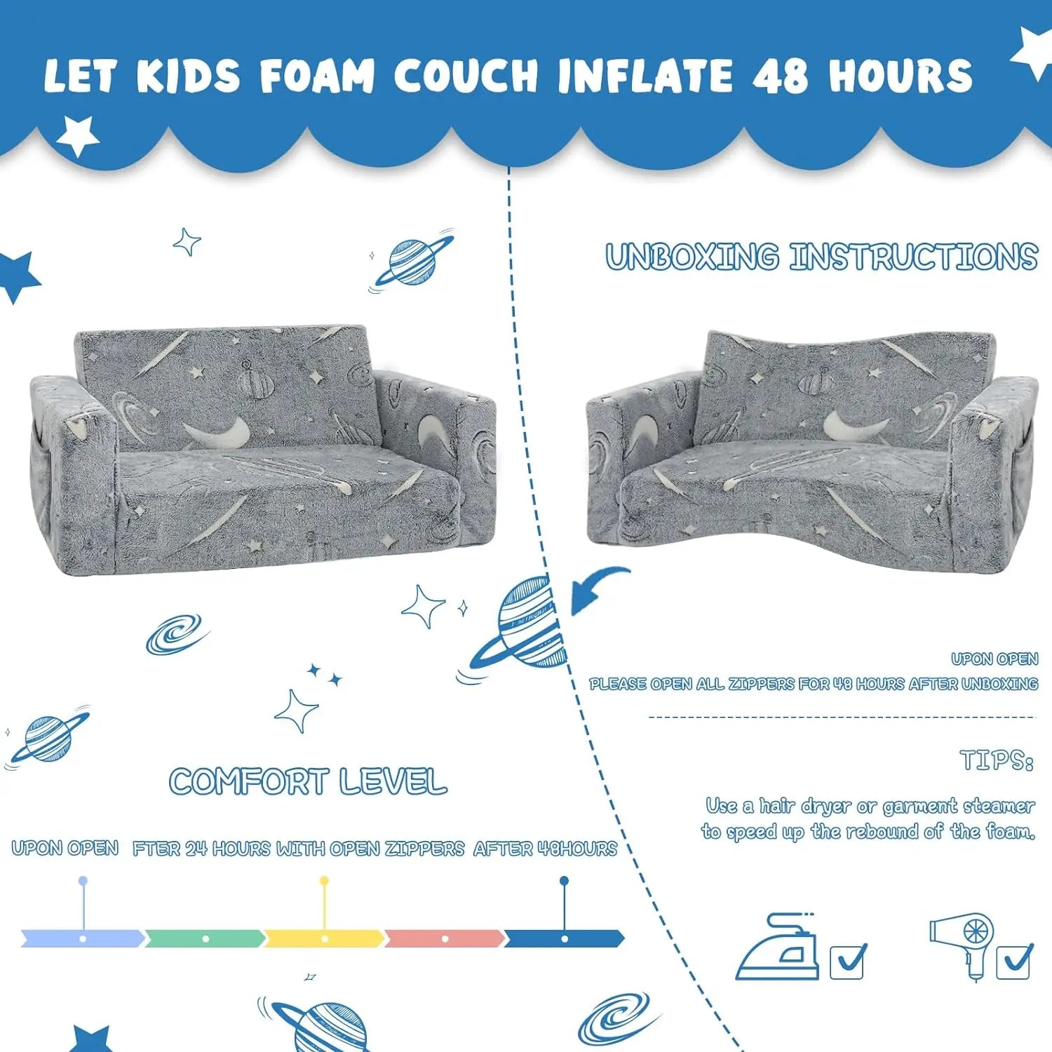 Kids Couch Toddler Chair Folding Extra Wide 2 in1 Glow in The Dark Fold Out Flip Open Kids Sofa Baby Convertible Sofa to Lounger