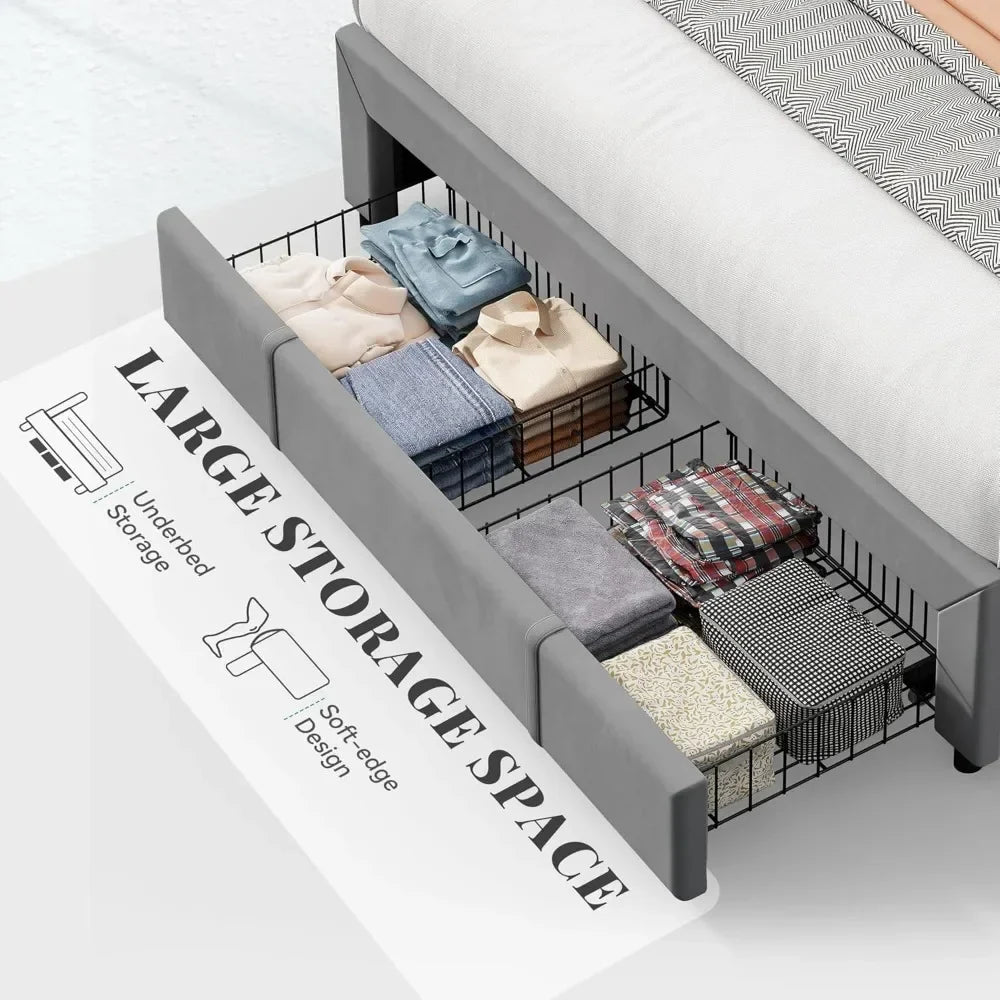 Queen Bed Frame with 4 Drawers & LED，Platform Bed with Storage Headboard and Charging Station, No Box Spring Needed, Bed Frame