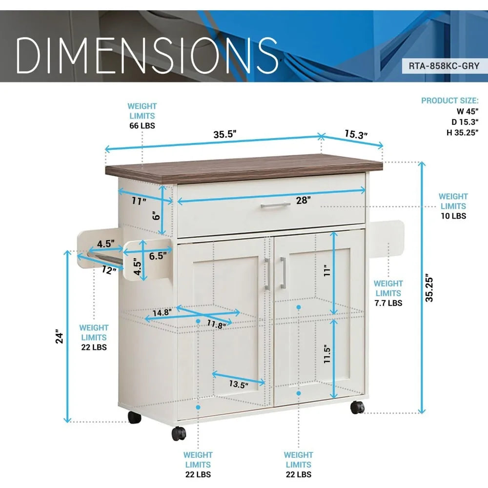 Kitchen Cabinets Luxury Mobile Kitchen Island Style Handcart with Waterproof Top and Storage Cabinet with Adjustable Shelf