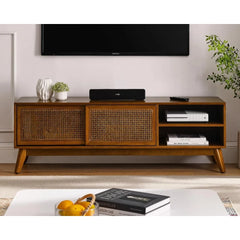 59 Inch Mid Century Modern TV Stand with Rattan Cabinet Doors