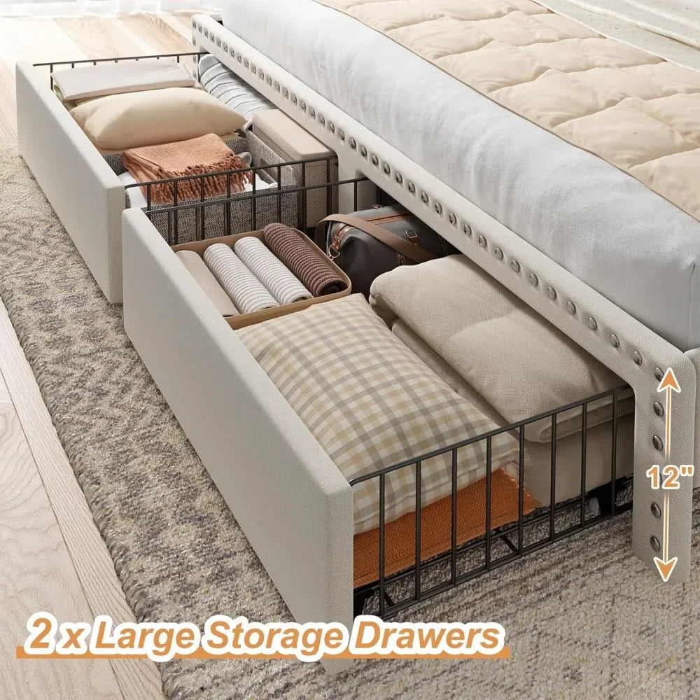 King Size Bed Frame with Storage and Headboard,Upholstered King Bed Frame with Storage & 2 Drawers,NO Noise,No Box Spring Needed