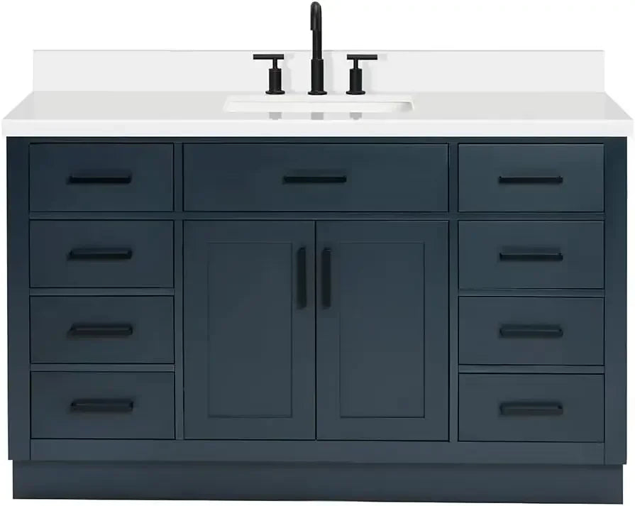 54" Bathroom Vanity with Carrara Quartz Countertop, Single Rectangular Sink, Soft Closing Doors & Drawers