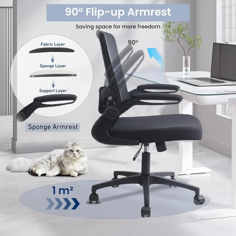 Desk Chairs with Wheels, Ergonomic Mesh Office Chair Adjustable Height and Swivel Lumbar Support  Chair with Flip Up Armrests