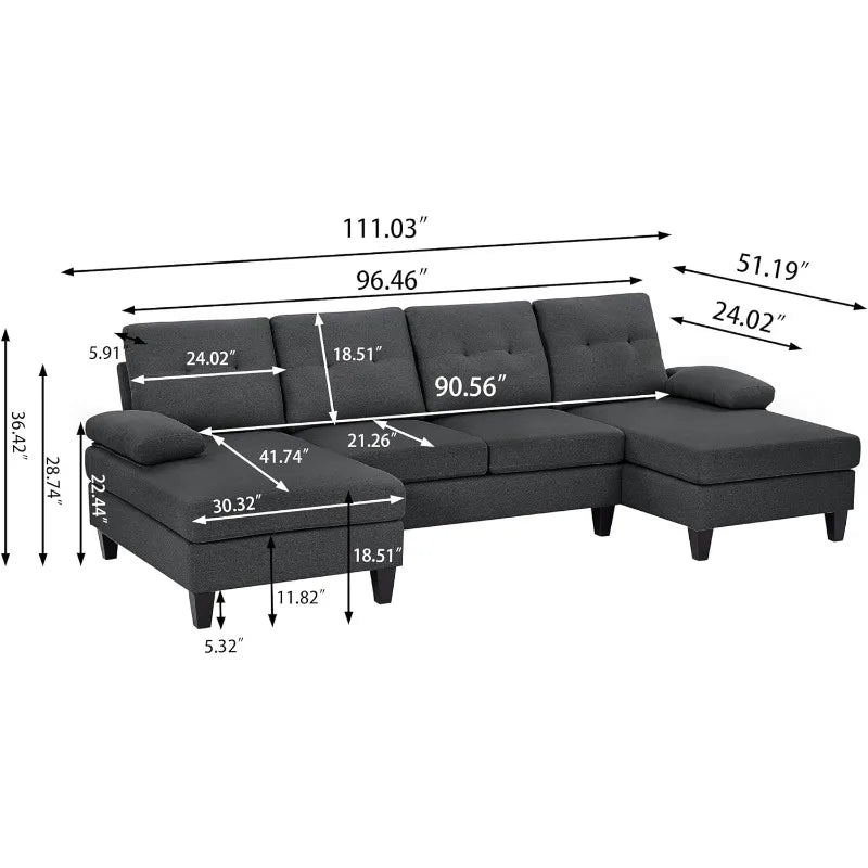 111" Modern U Shape Convertible Sectional Sofa Couch, Polyester Fiber Sleeper Couch with Double Chaise and Portable Armrest